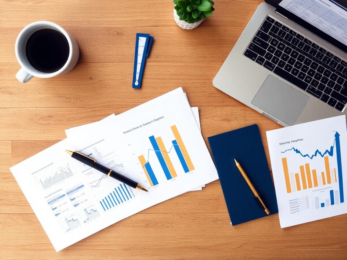 Charts and reports on a desk with a laptop